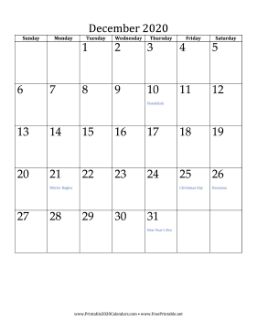 Printable December 2020 Calendar (vertical)